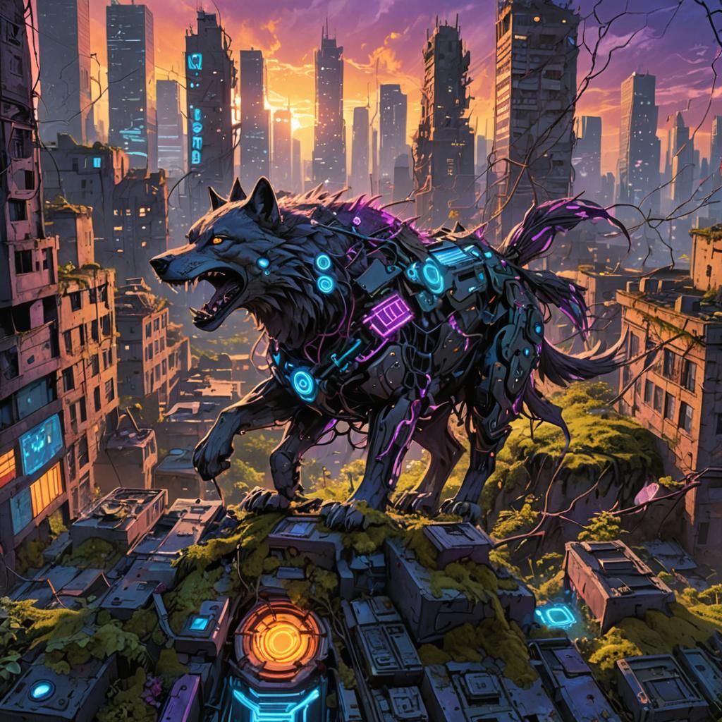 Cybernetic Wolf in Dystopian Cityscape