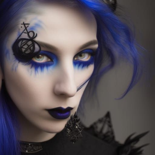 Ethereal Gothic Young lady with witchy vibes and Wiccan vibes and Cobalt blue hair and Black eyeshadow and cobalt blue e...