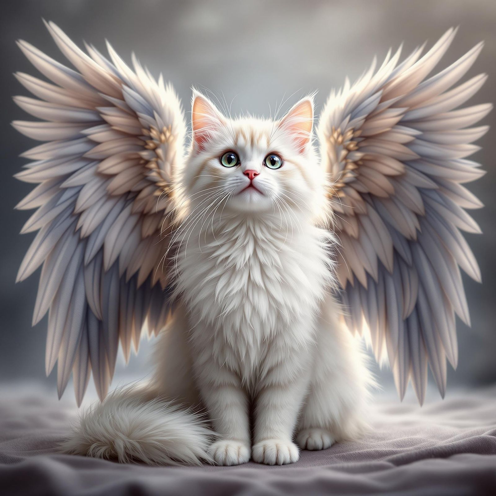 Majestic White Cat with Raven Wings in Mystical Scene