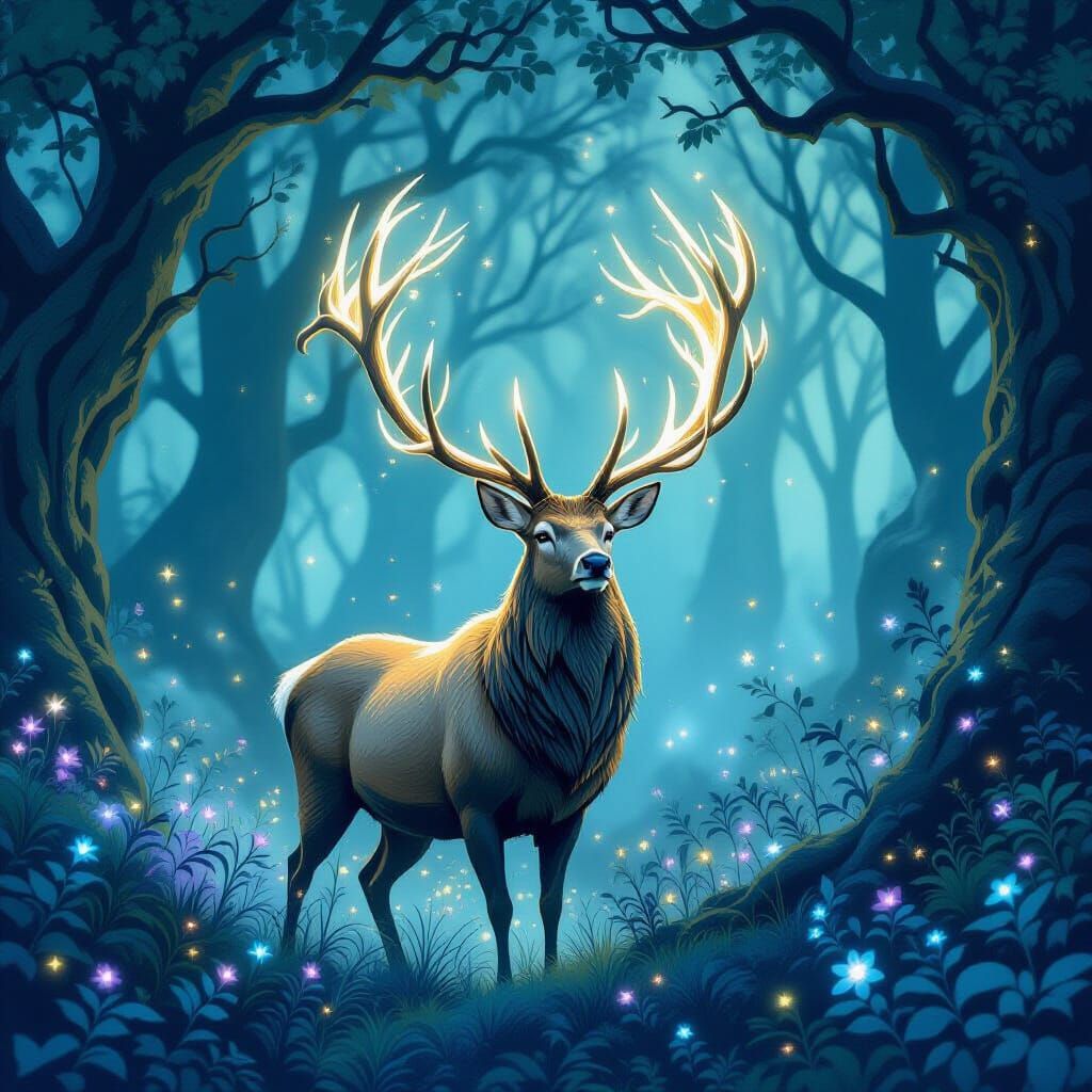 Majestic Moonlight Stag in Enchanted Forest