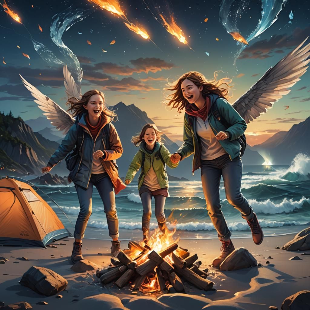 Ocean Camping: Sisters and Brother in Hyperrealistic Style
