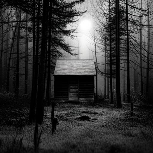 Sinister Cabin in Foggy Forest Under Blood Moon