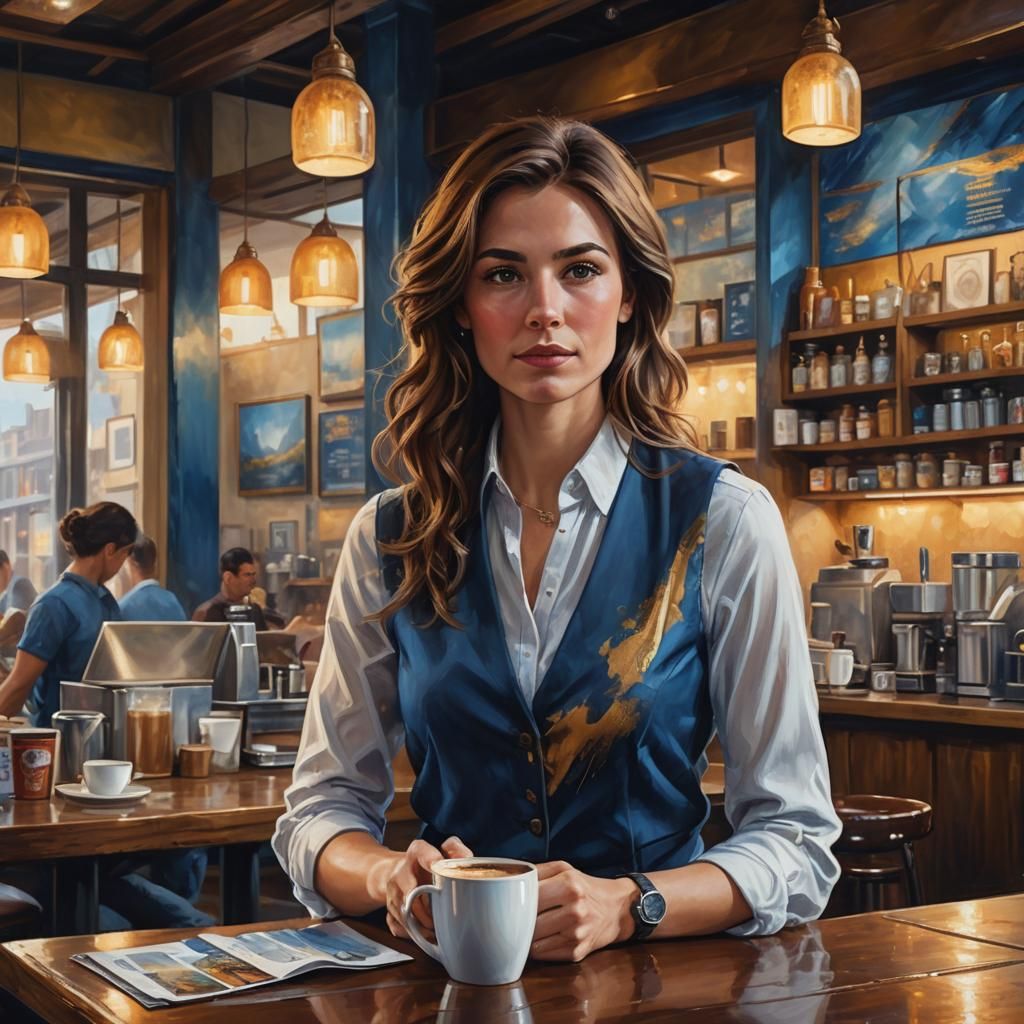 Woman in Coffee Shop: Vibrant Oil Painting