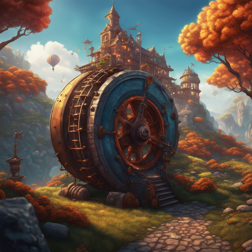 Fantasy Hamster Jumping Wheel in Vibrant Landscape