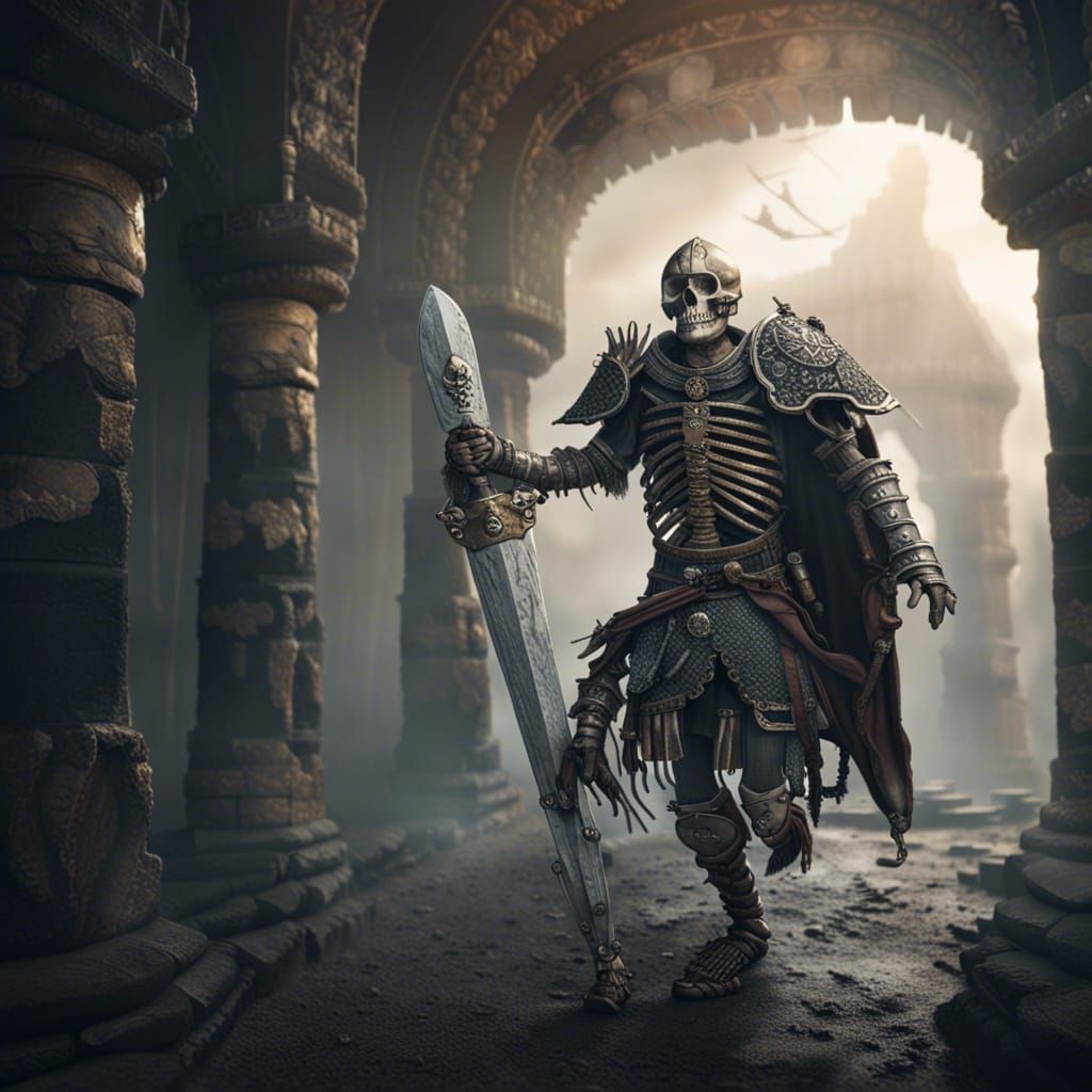 Armored Warrior Confronts Skeleton in Epic Battle