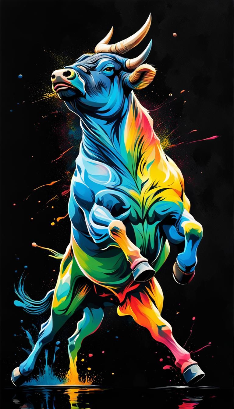 Acrylic Bull Running Through Lake of Paint