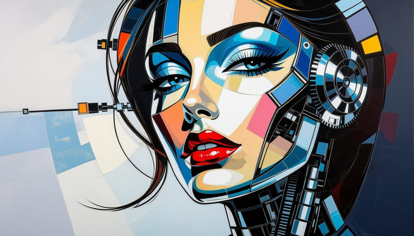 Surreal Cybernetic Woman Portrait in Impasto Oil Style