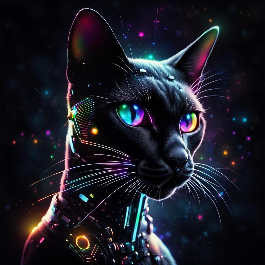 Sleek Black Cyborg Cat with Rainbow Eyes
