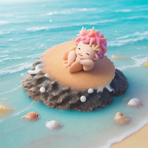 Baby Plays on Fiji Beach in Digital Art Style