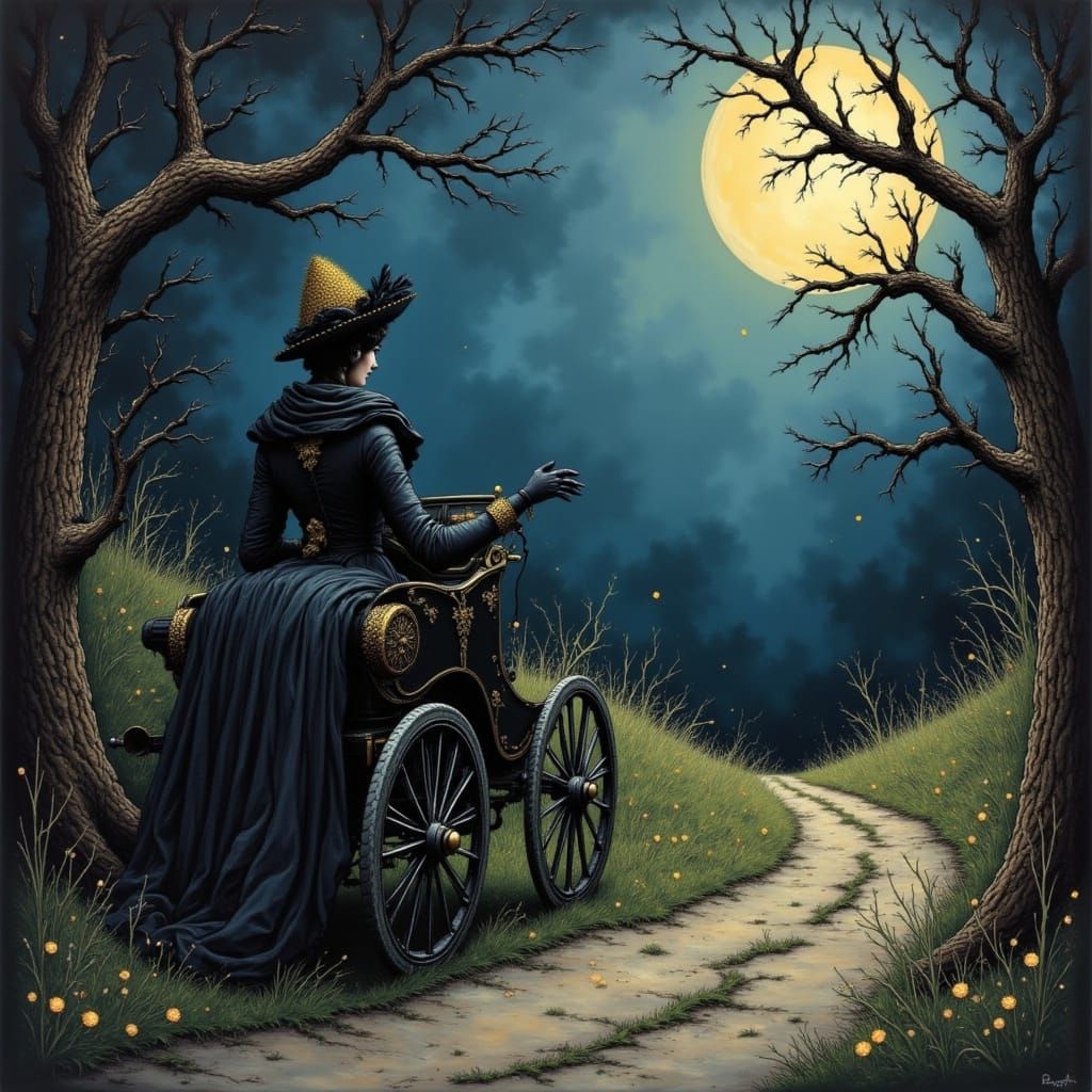 Surreal Edwardian Woman Rides Moonlit Countryside in Dark Wh...