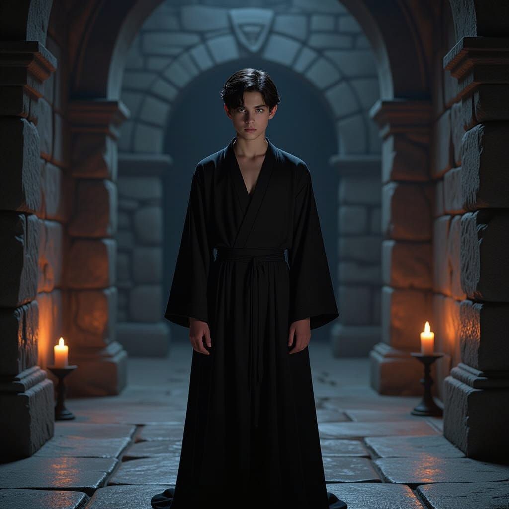 Crimson-Eyed Boy in Ancient Stone Room, Hyper-Realistic