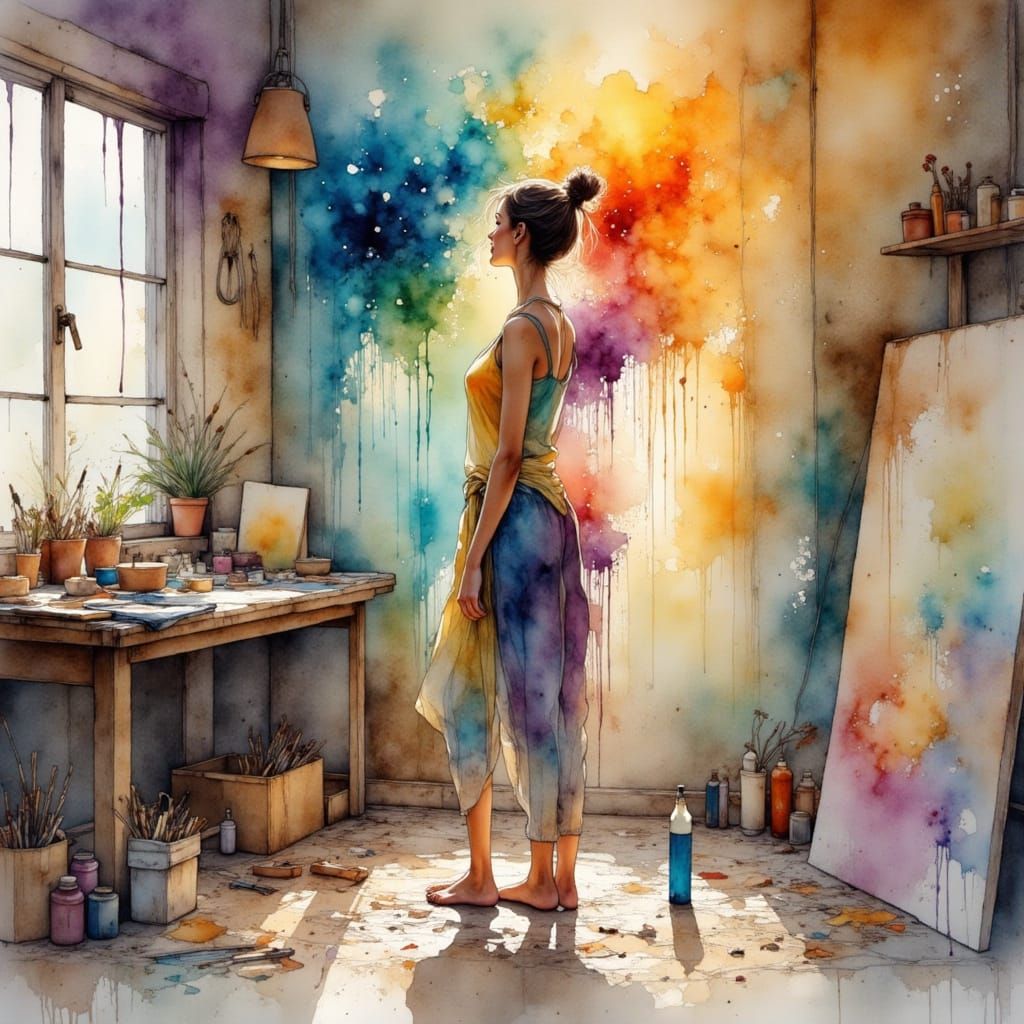 Whimsical Painter Lost in Studio of Colorful Chaos
