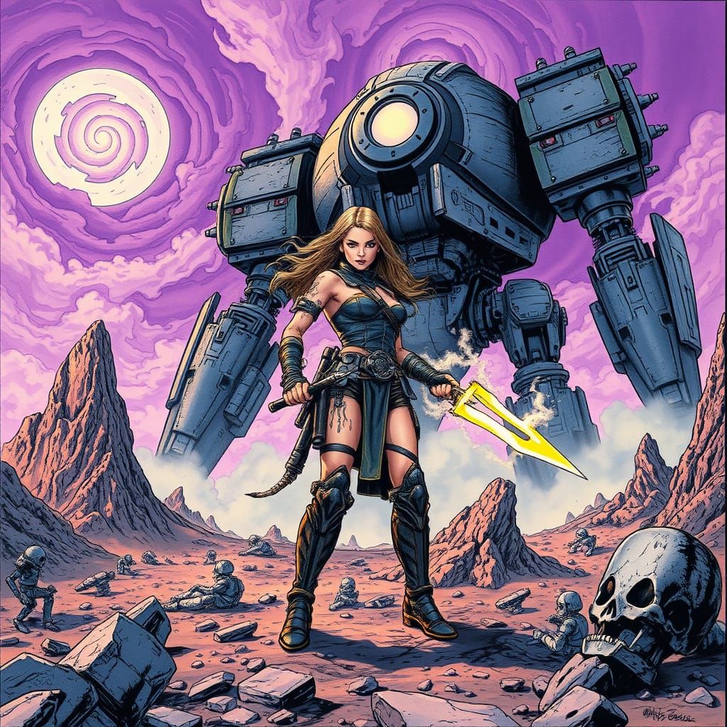 Female Warrior on Alien Battlefield in Comic Style