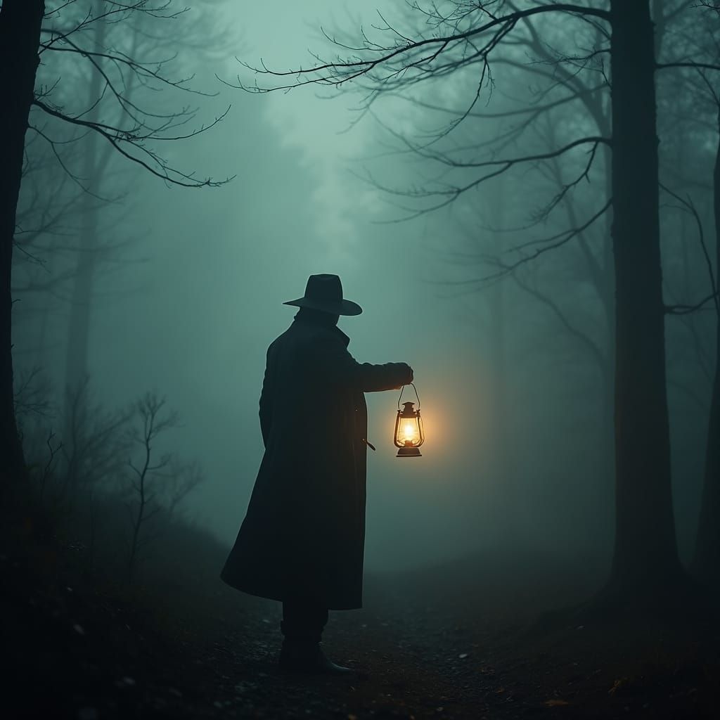 Mysterious Figure with Lantern at Forest Edge