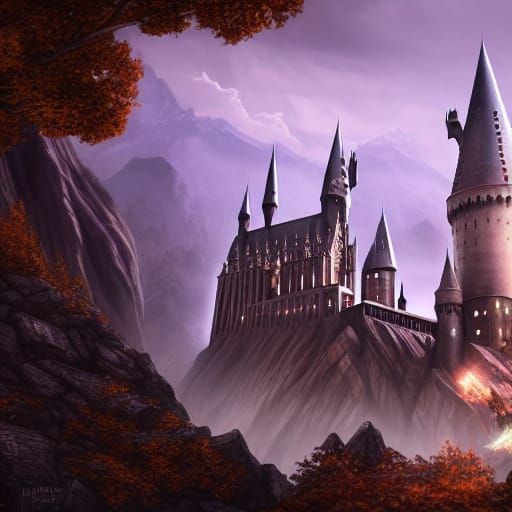 Detailed Matte Painting of Hogwarts in Fantasy Landscape