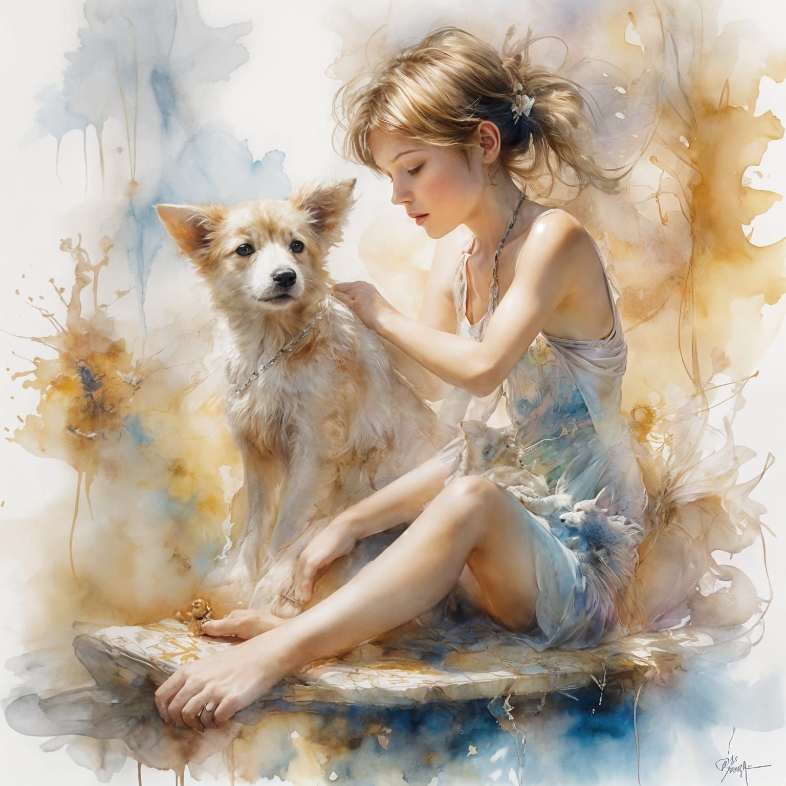 Pixie and Puppy Ride Magic Carpet in Watercolour Style