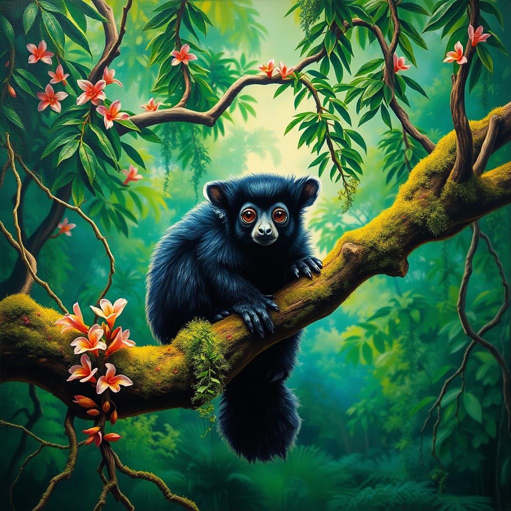 Majestic Indri in Lush Madagascar Forest Tree-Branch, Oil-Pa...
