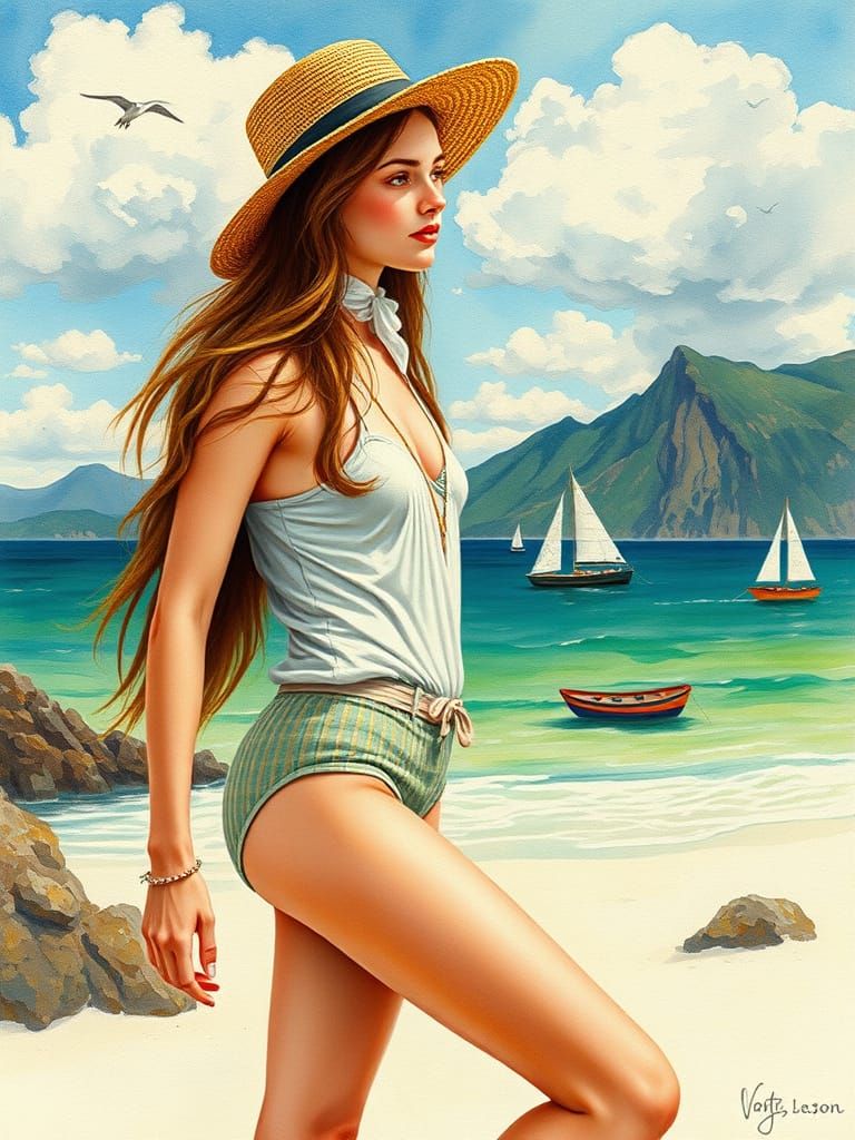 Victorian Lady on Beach in Van Gogh Style