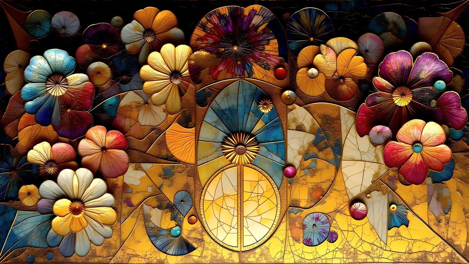 Geometric Flora Mosaic in Gold and Jewel Tones