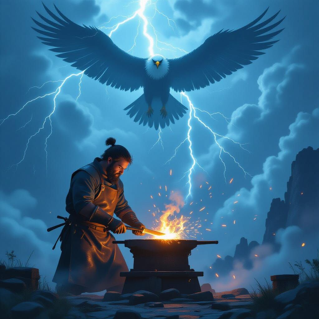 Blacksmith Forging Blade on Floating Island in Storm