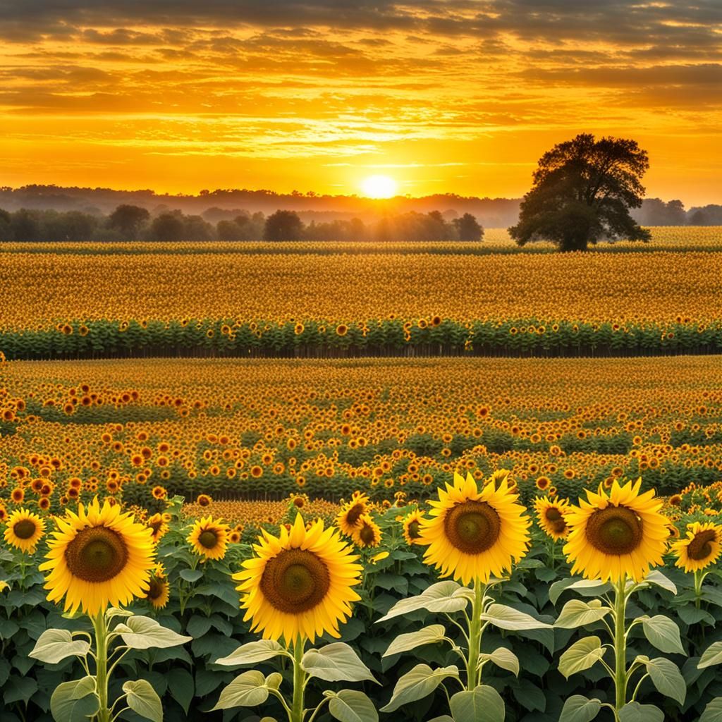 Golden Sunrise Over Sunflower Field