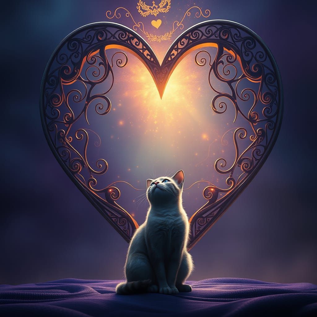 Enchanted Feline Contemplates Giant Heart