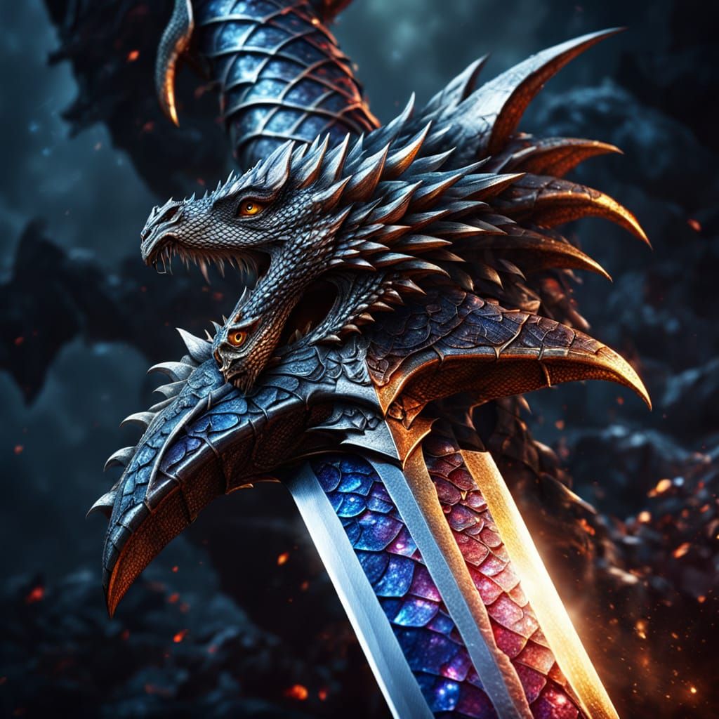 Epic Medieval Fantasy Sword Lodged in Dragon's Scales