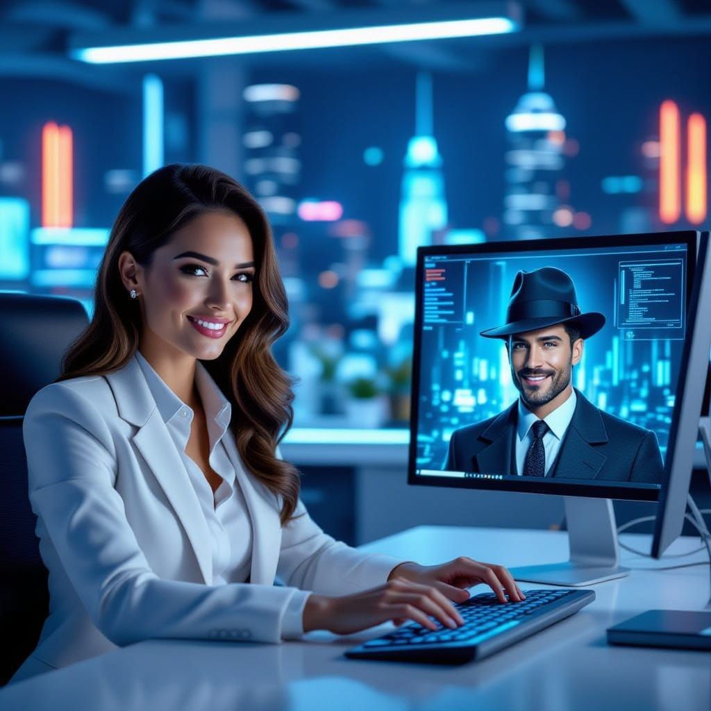 Futuristic Woman Works with Charming AI Assistant and Film N...