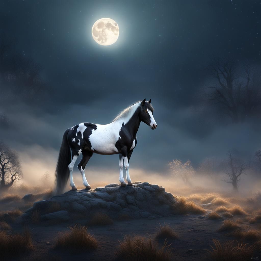 Piebald Cob Horse Under Moonlight, Matte Painting