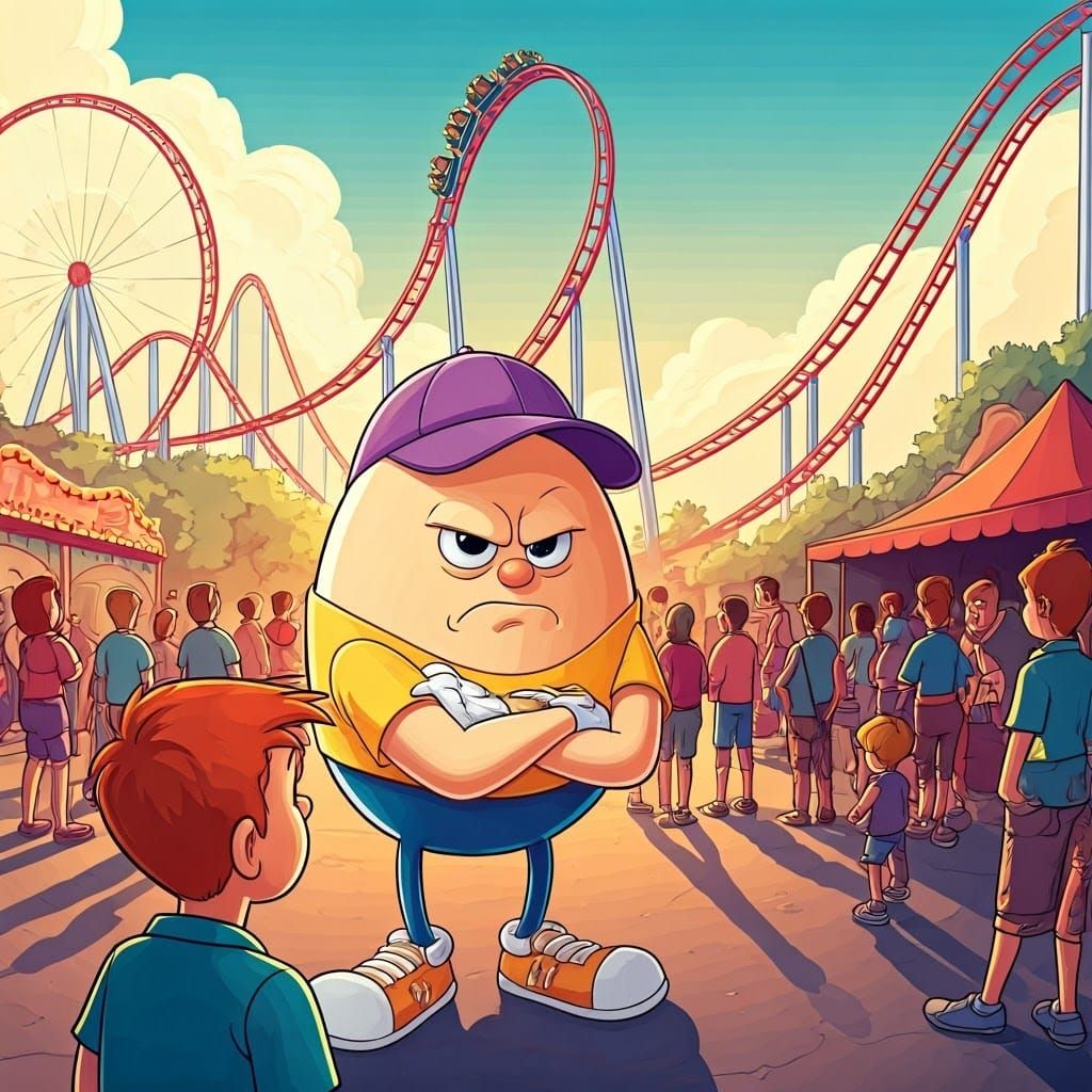 Anthropomorphic Egg Waits in Amusement Park Line