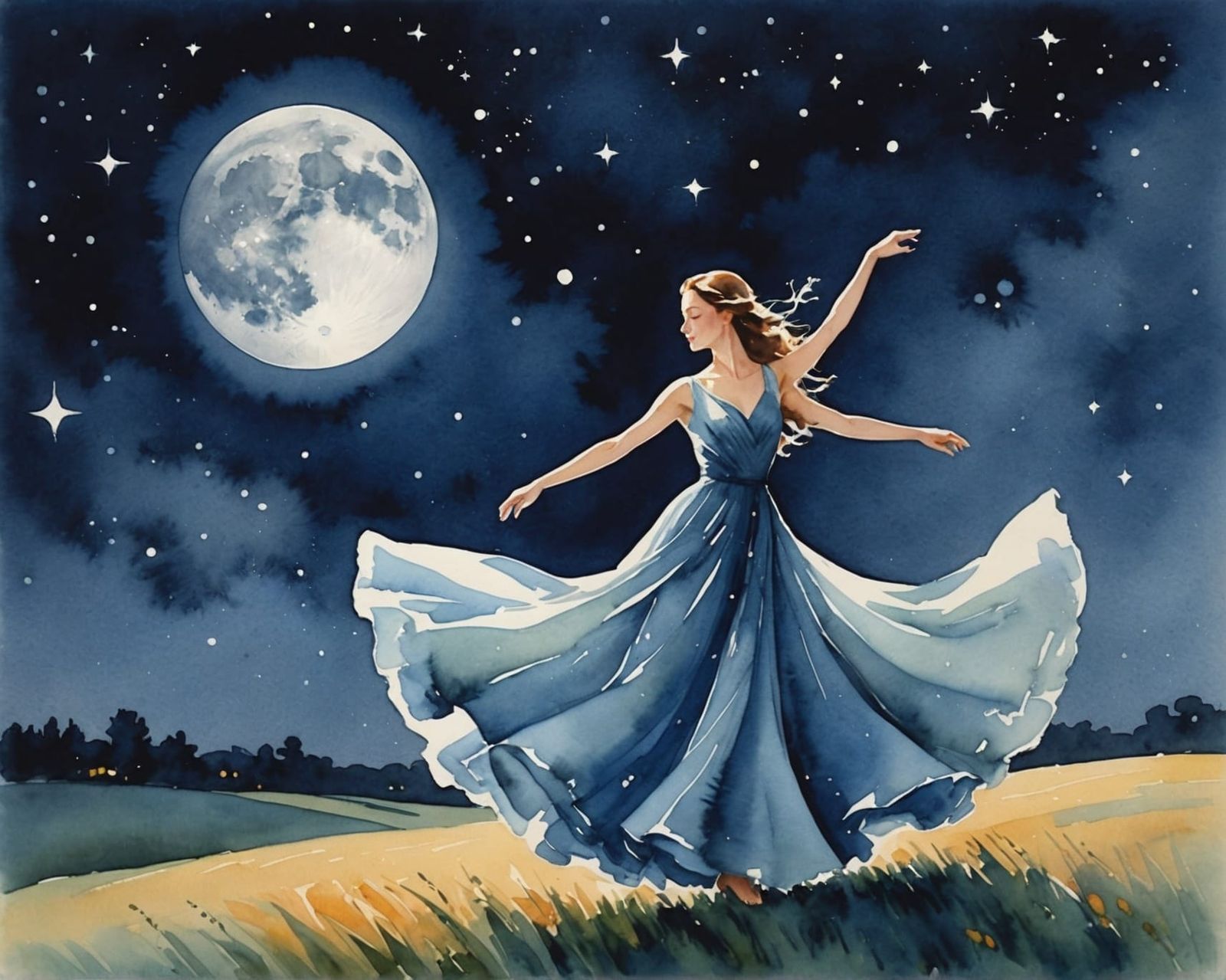 Graceful Dancer Under Moonlight: A Watercolor Painting