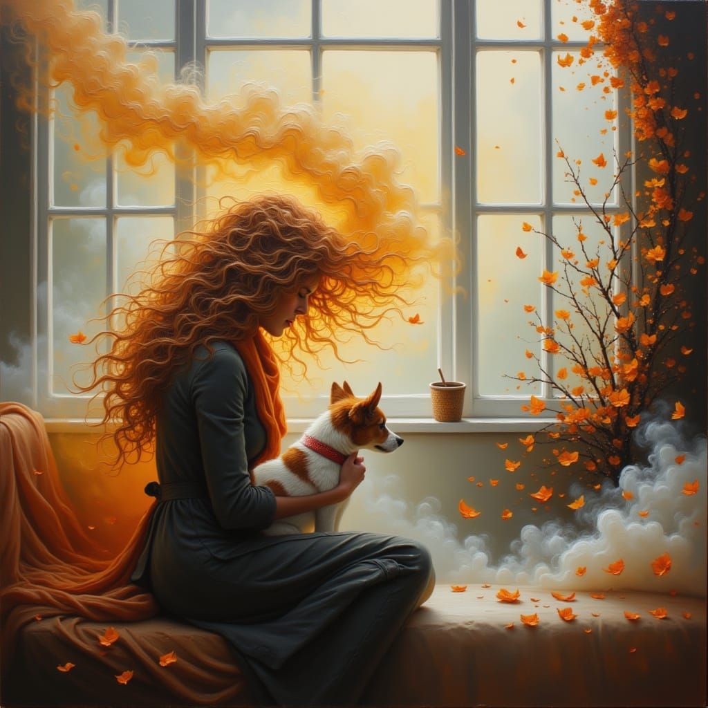 Woman and Dog in Living Room with Fantasy Landscape