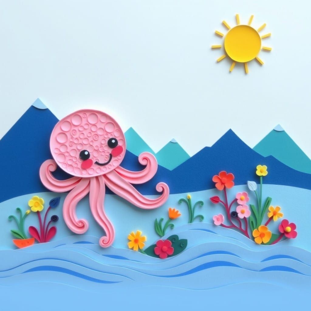 Whimsical Paper Art of Octopus in Dreamlike Landscape