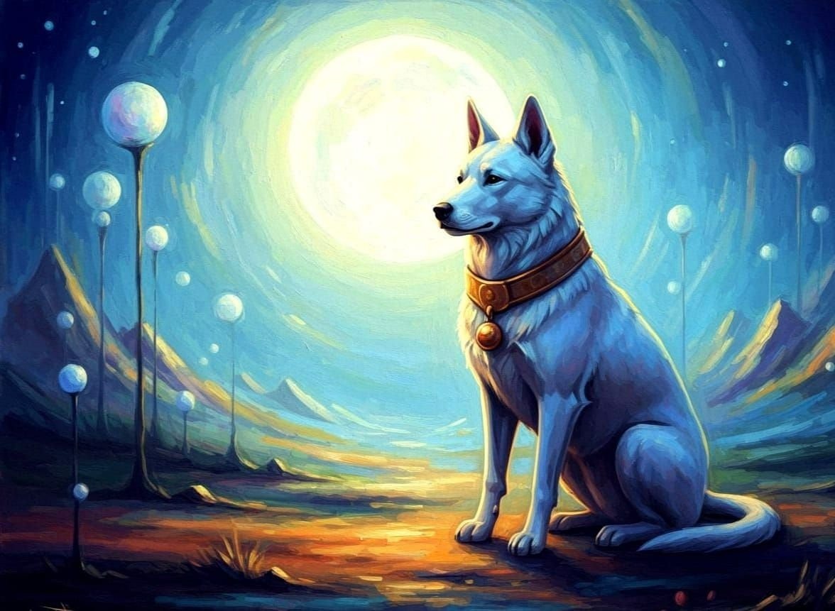 Guardian Dog Creature in Misty Forest Oil Painting