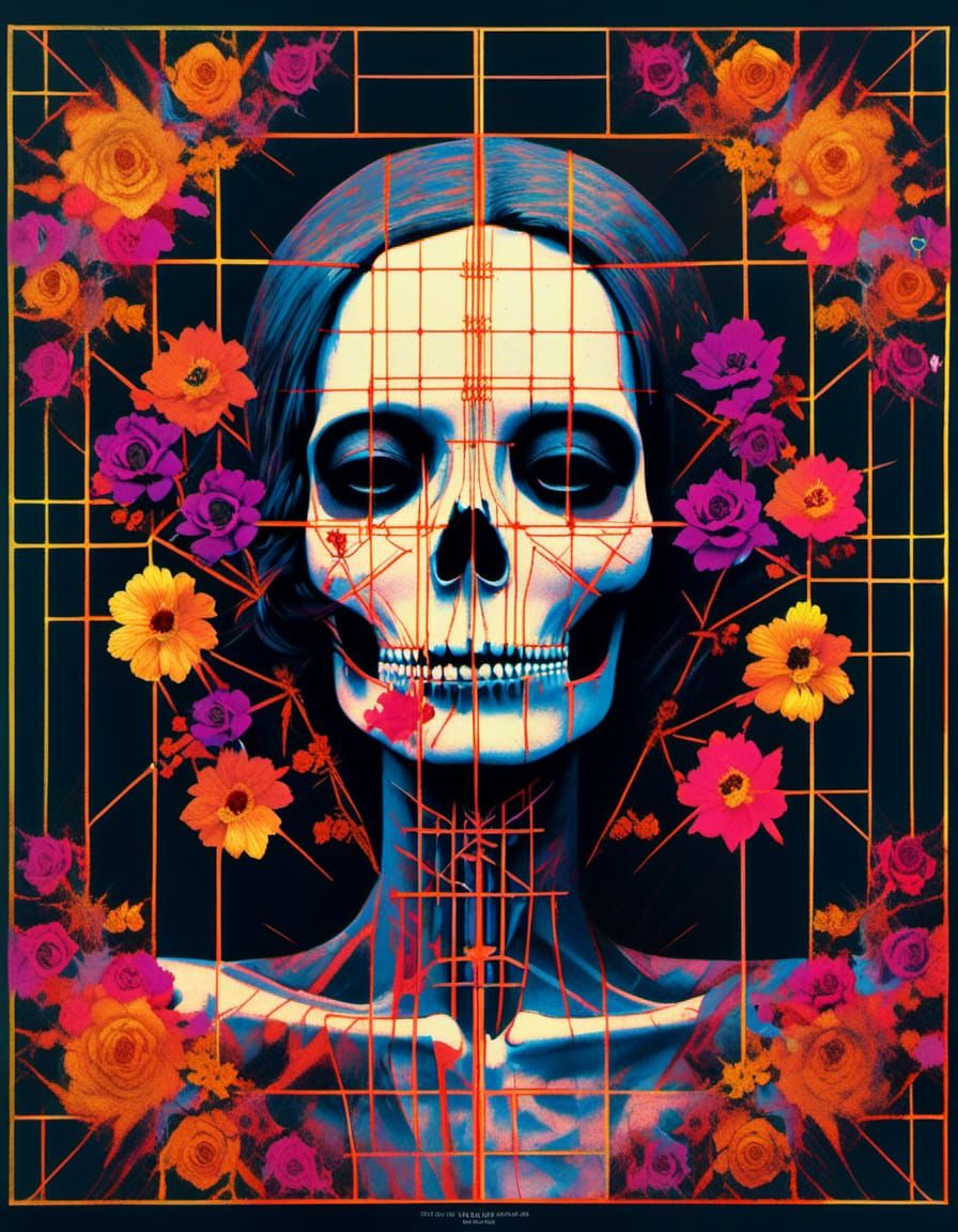 Dark Skeleton Woman with Black Roses in Pop Art