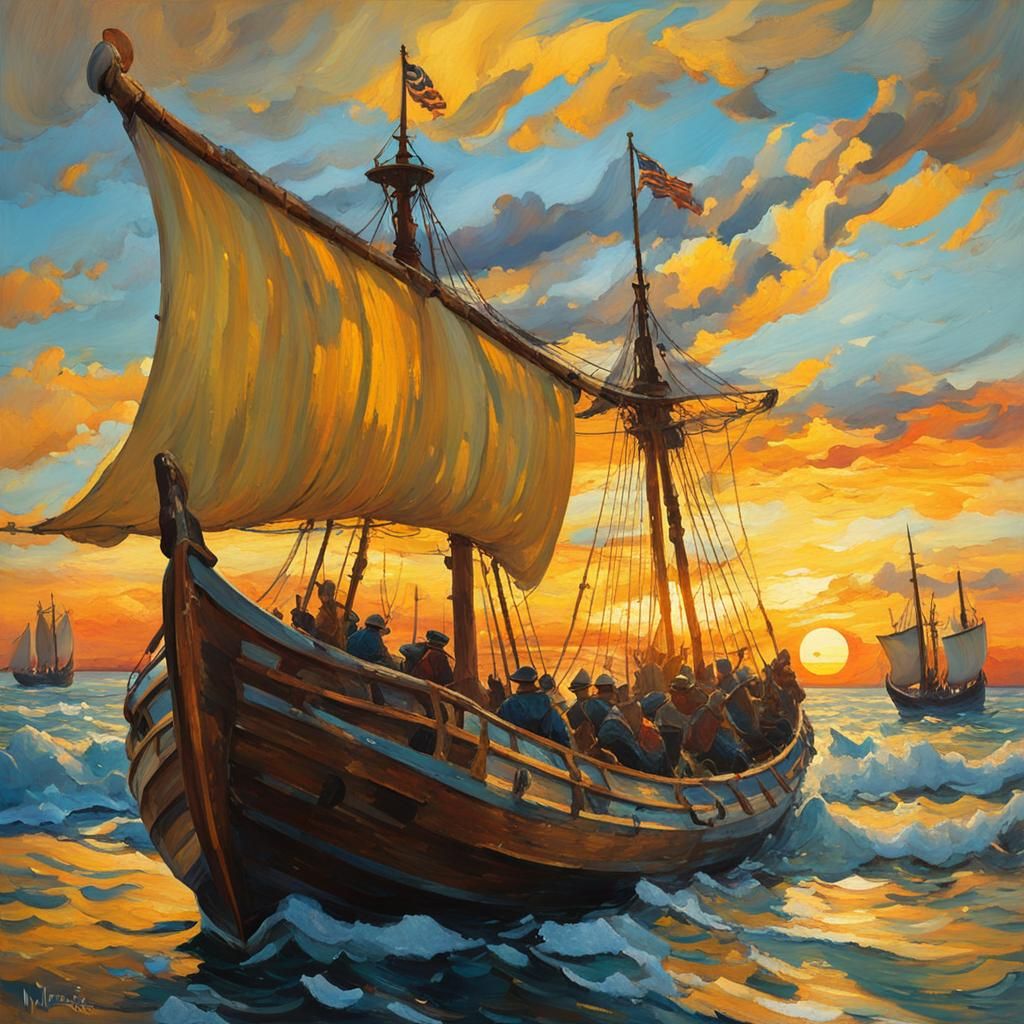 Viking Ships Sailing into an Expressionist Sunset