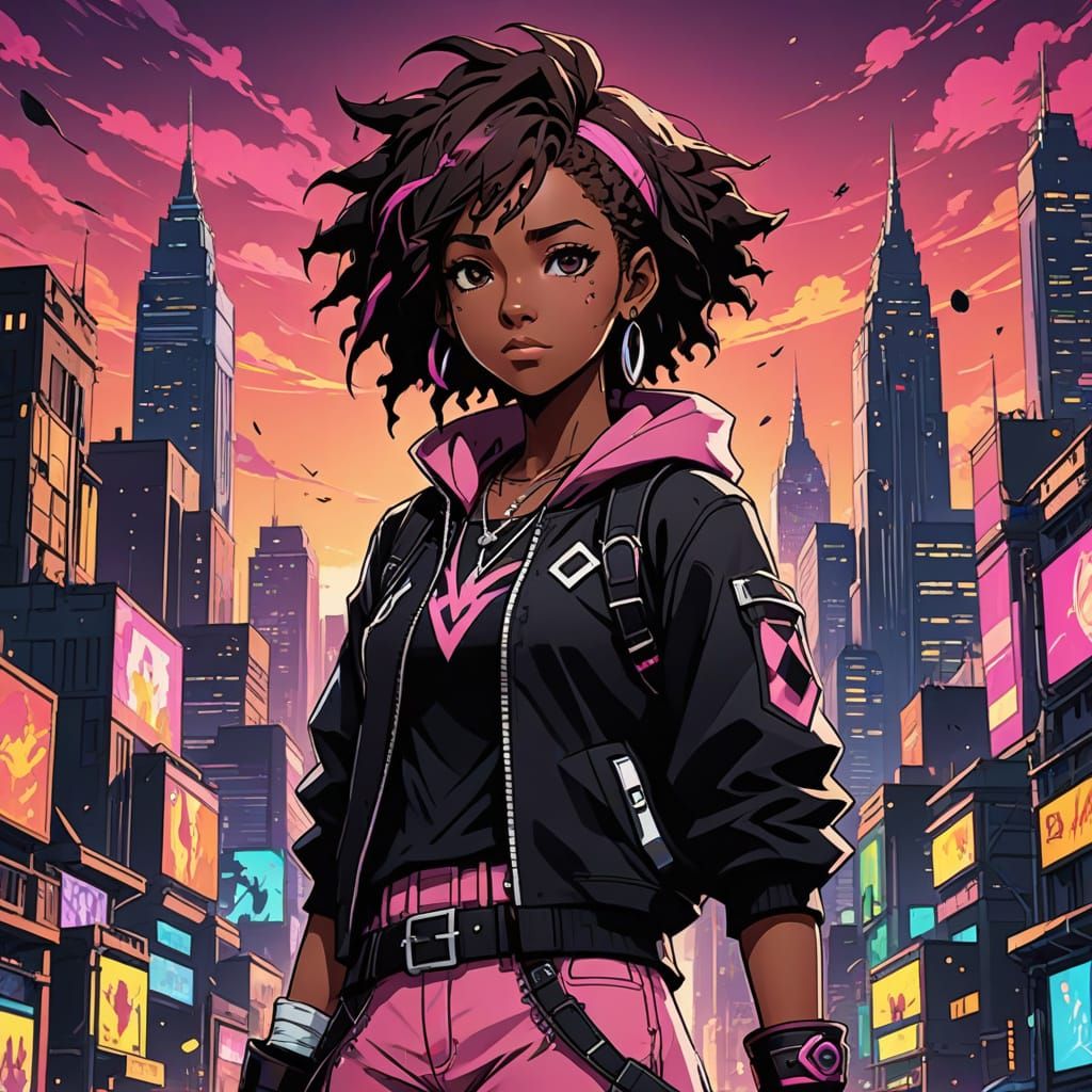 Vibrant Anime Heroine Stands Tall in Cityscape