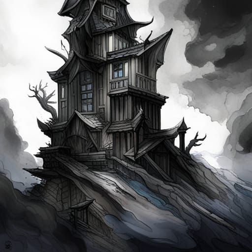 Dark Fantasy Tower Ascends in Ink and Watercolor