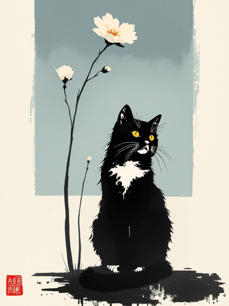 Adorable Cat Under Flower in Japanese Ink Style