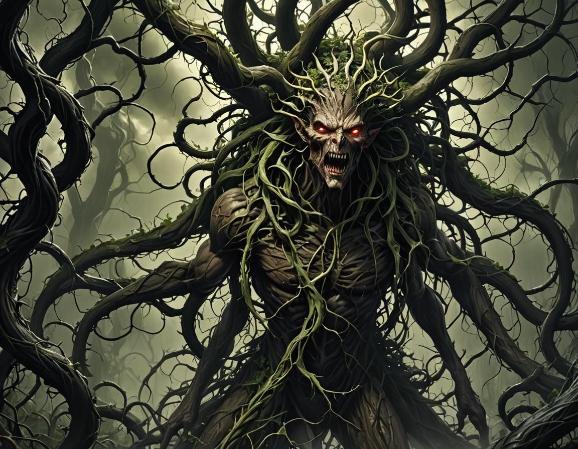 Eldritch Vines Entangle Man in Dystopian Storm