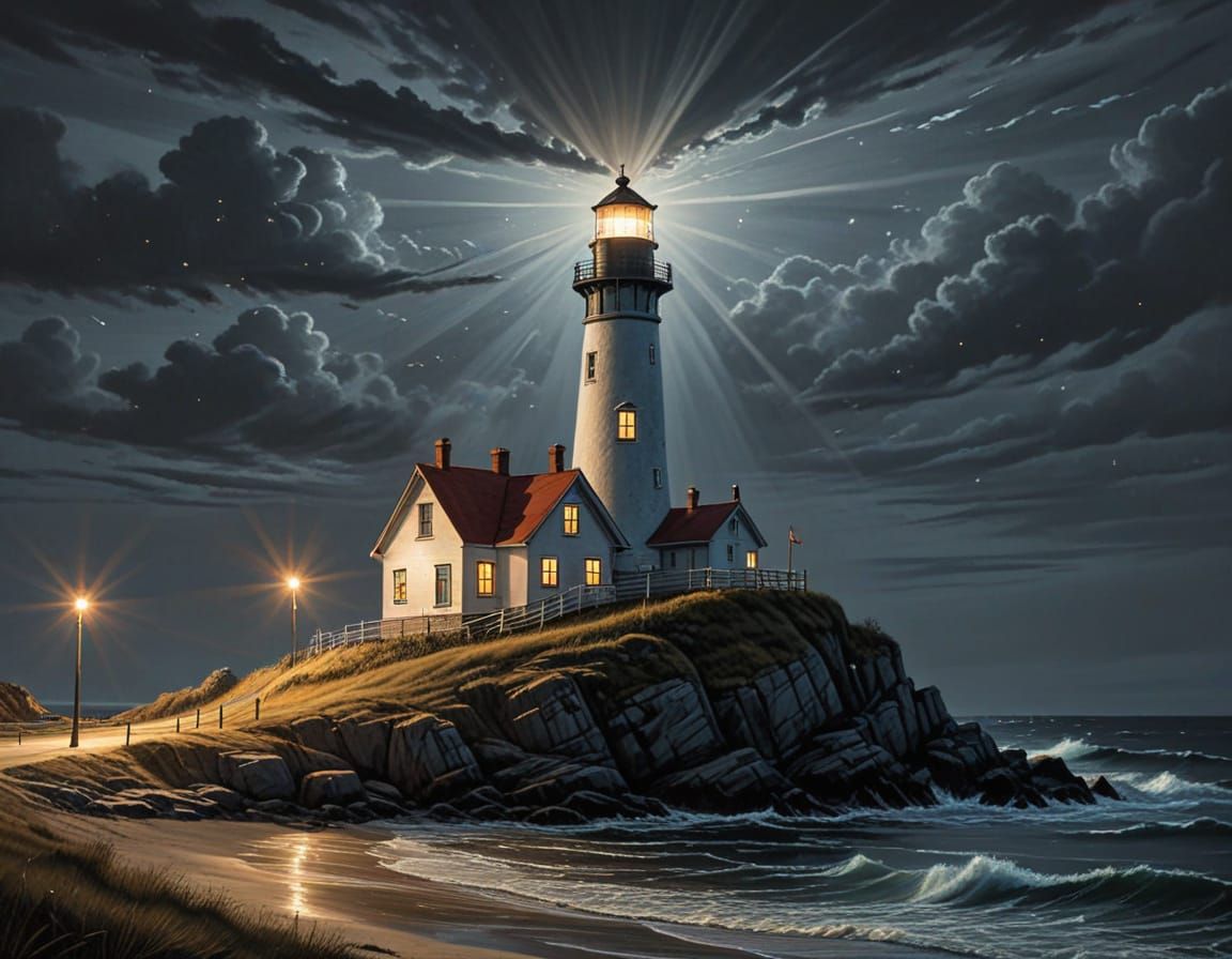 Folk Art Lighthouse Illuminated in Storybook Style