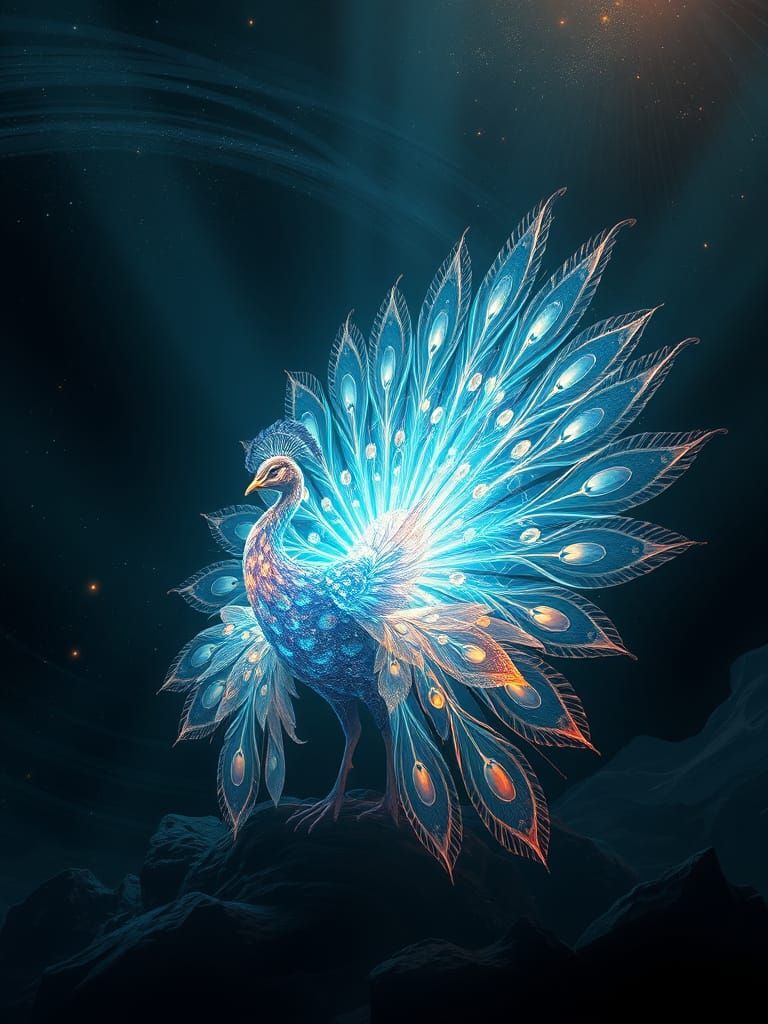 Bioluminescent Crystal Peacock in Cosmic Watercolor