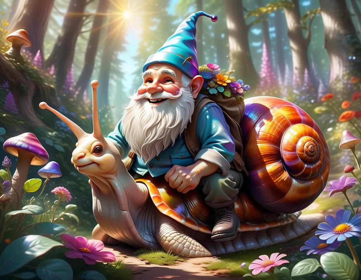 Gnome Rides Snail Through Iridescent Foliage