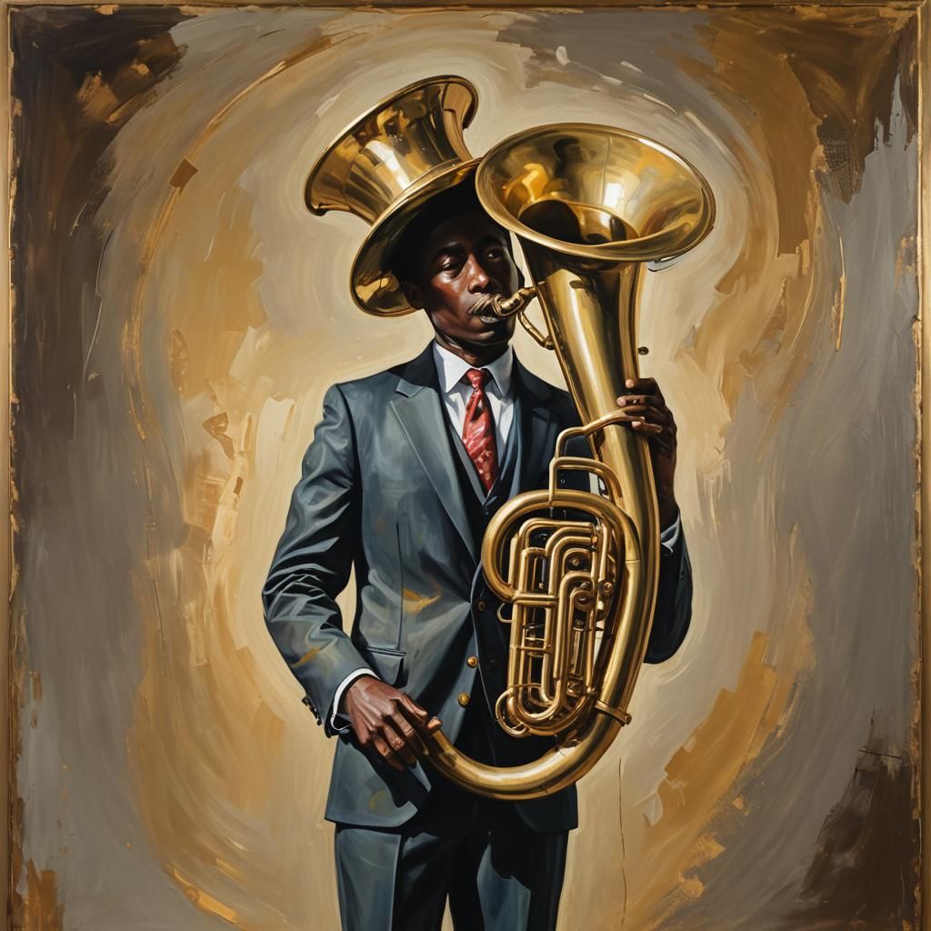 Humanoid Tuba in Suit: Surreal Oil Painting