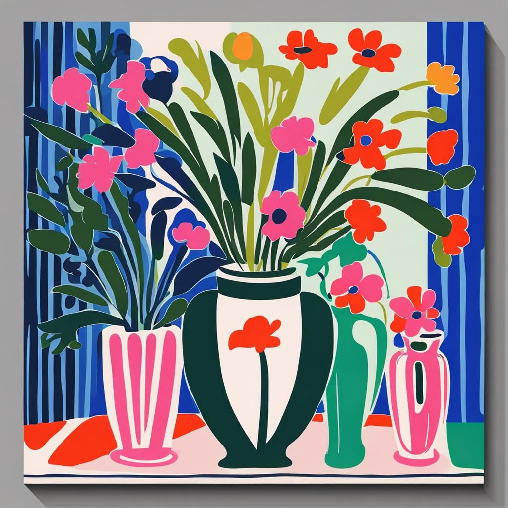 Matisse Style Vase with Blue, Green, and Pink Flowers