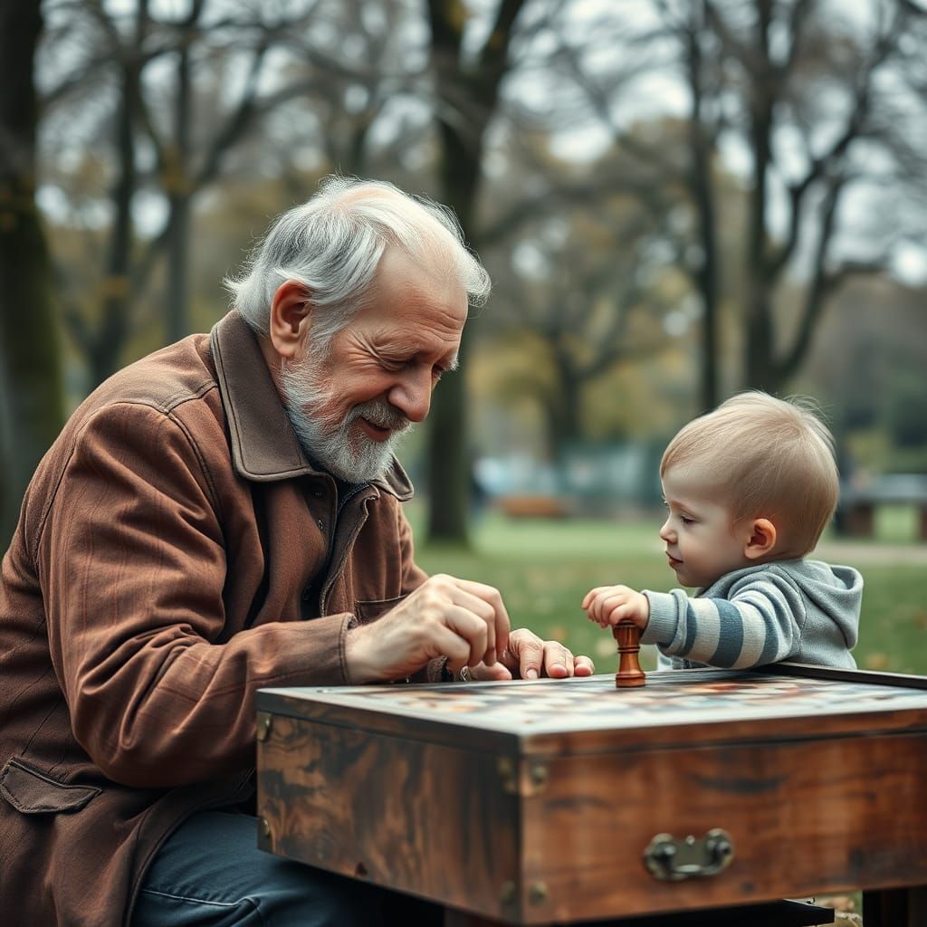 Grandfather and Grandson Play Chess as Watercolor
