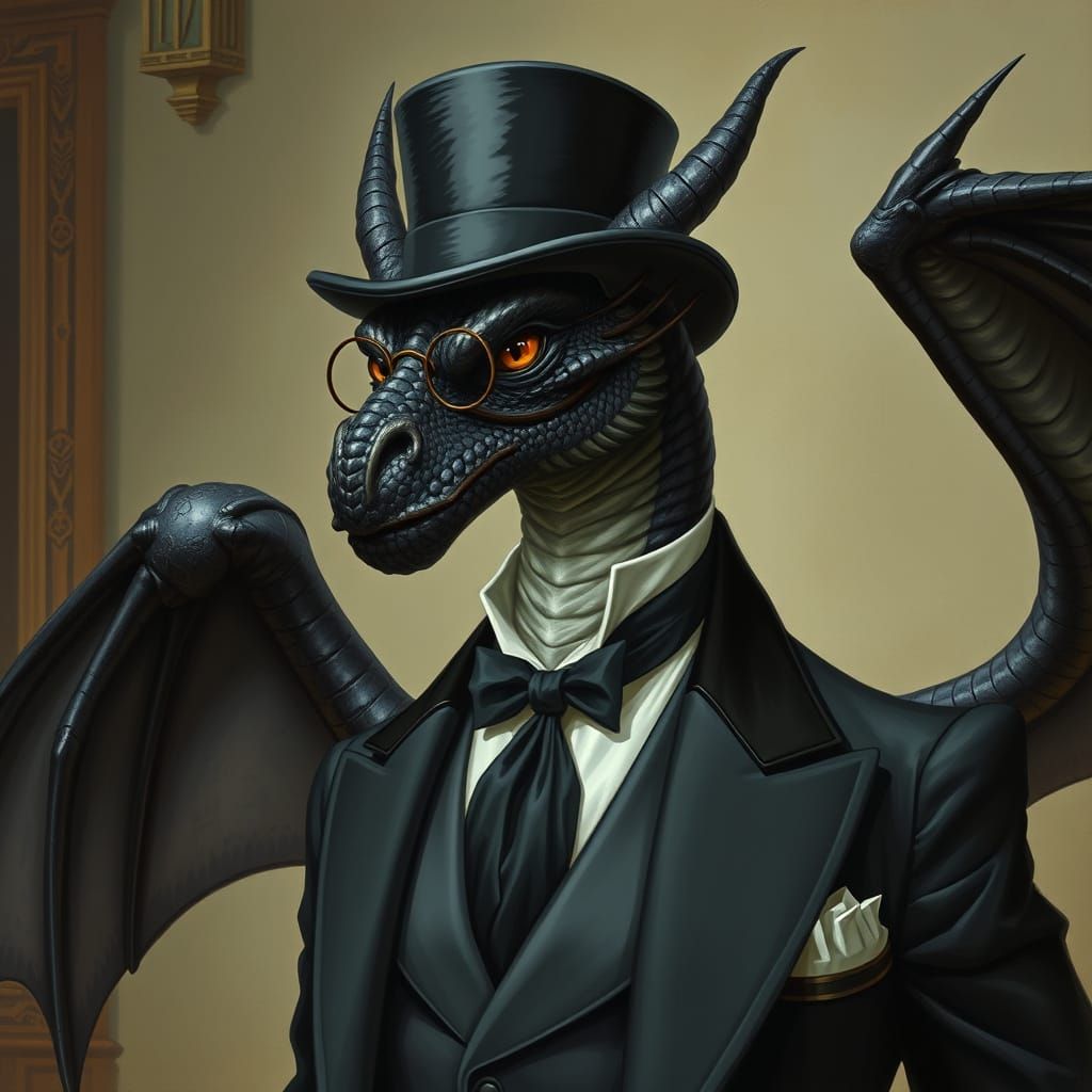 Elegant Dragonborn in Black Tuxedo and Top Hat