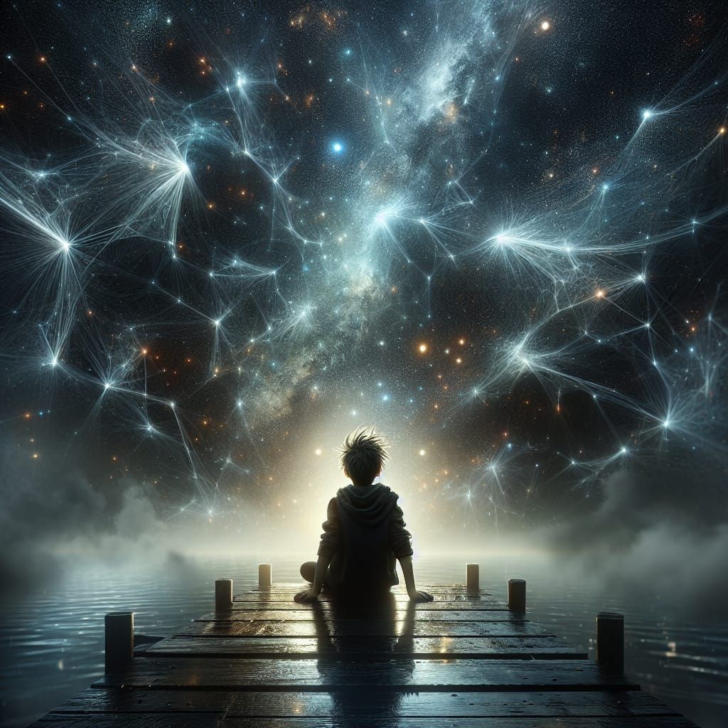 Boy Gazing at Constellations in Hyperrealistic Night Sky