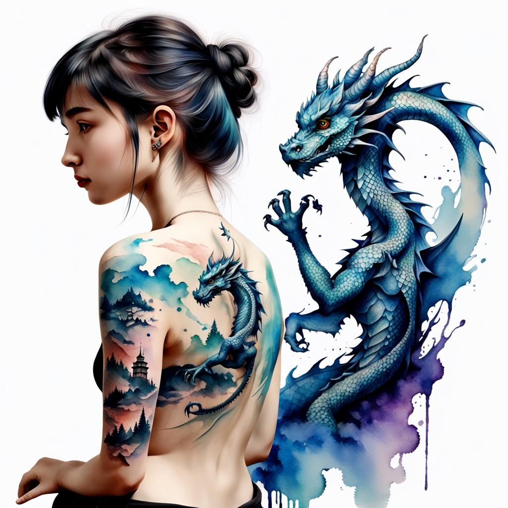 Watercolor Dragon Tattoo on Woman's Shoulder