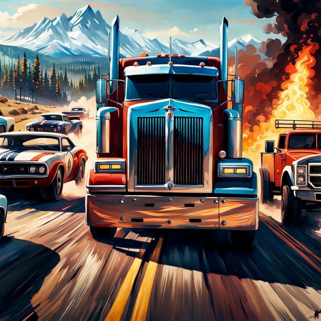Burning Truck Chase in Hope County, Watercolor Style